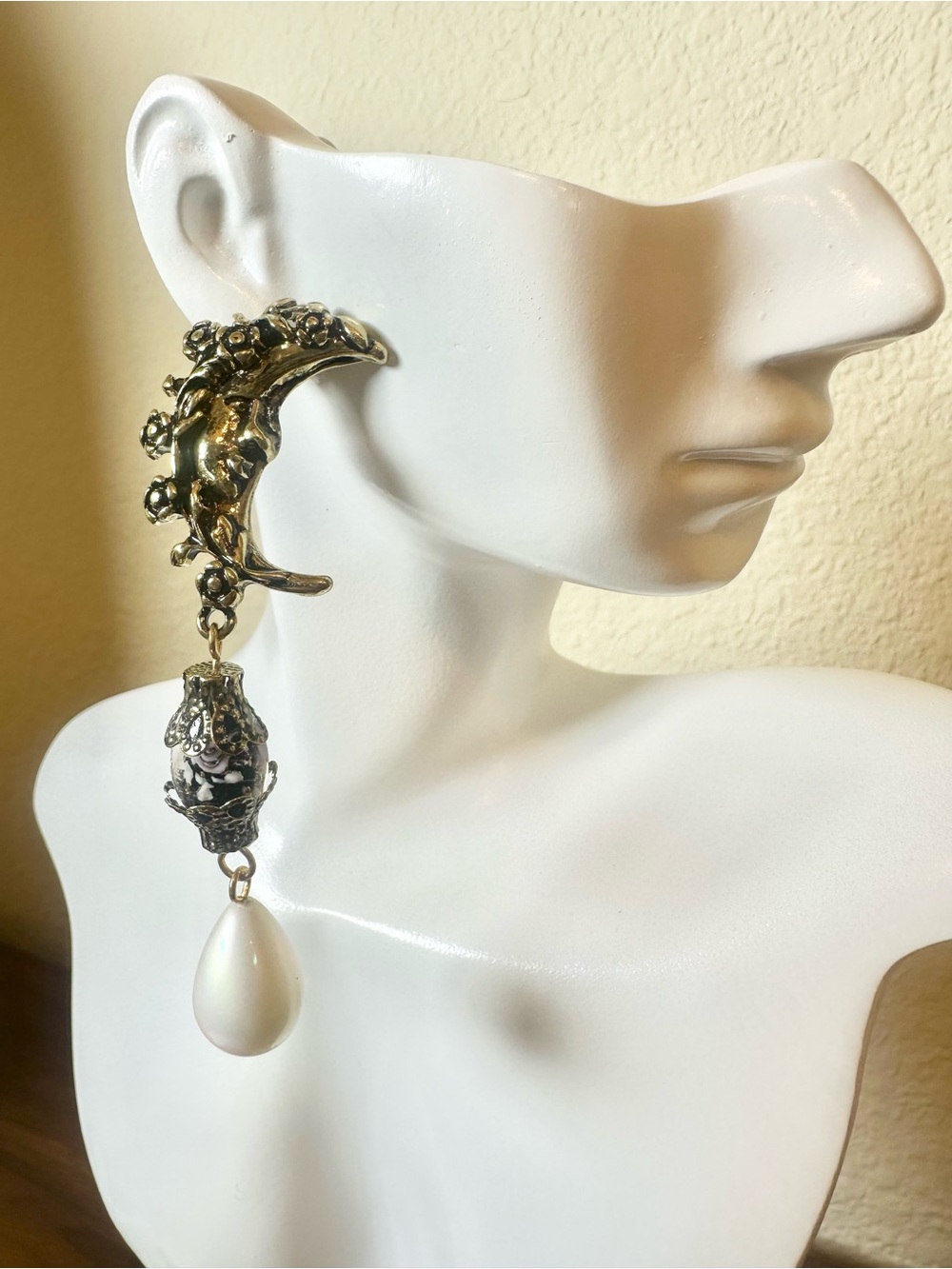 Vintage-Inspired Gold Tone Moon Earrings w/ a Glass Floral Bead & Pearl Teardrop